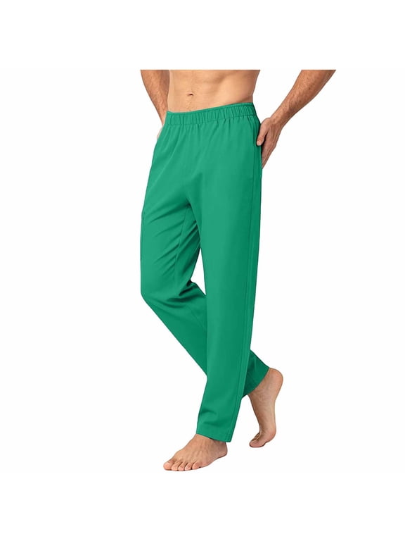 Men's Straight Leg Pants Elastic Waist Solid Color Slacks Casual Loose Fit Lightweight Basic Long Pants with Pockets for Daily House Wear