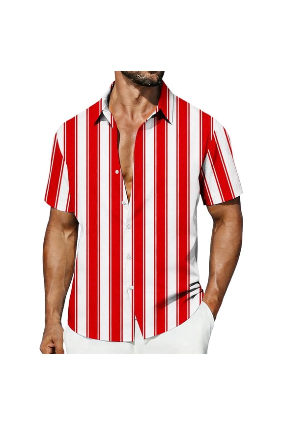 Men's Striped Shirts Summer Casual Short Sleeve Button Down Shirts Plus Size Loose Fit Hawaiian Beach Shirts for Vacation Red XL