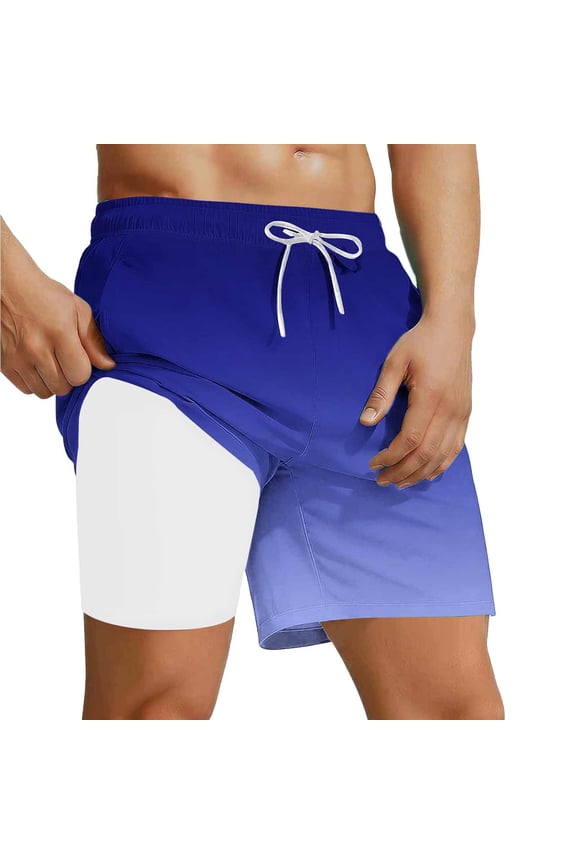 Mens Athletic Shorts with Compression Liner Swim Shorts Summer Elastic Waist Drawstring Knee Length Shorts Gradient Print Beach Swimsuit Shorts with Pockets Dark Blue M