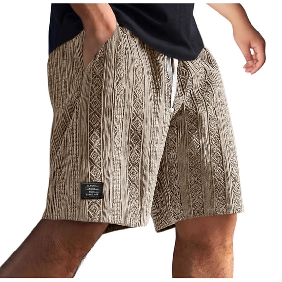 VEKDONE Mens Big and Tall Shorts Fashion Jacquard Textured Beach Shorts Summer Loose Fit Comfy Drawstring Short with Pockets Casual Lightweight Stretch Short Pants Khaki S
