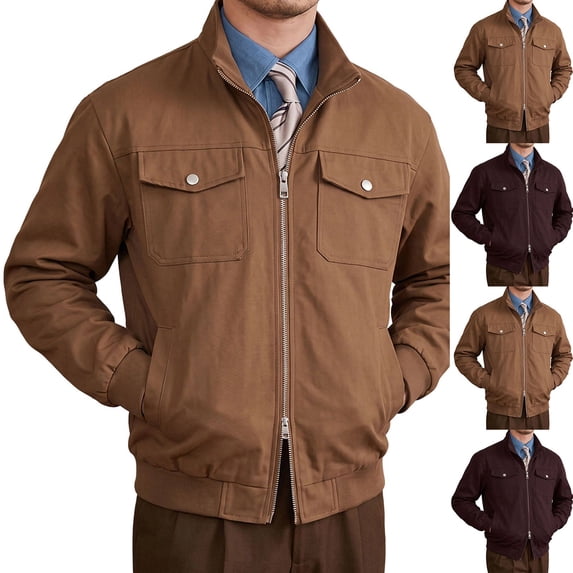 VEKDONE Mens Bomber Jacket Canvas Satnd Collar Zip Up Loose Fit Casual Coat Long Sleeve Ribbed Cuffs and Hem Stylish Utility Jacket Winter Lounge Clothing for Daily Wear