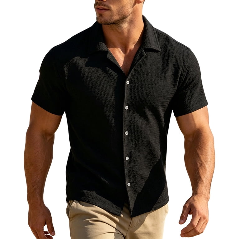 VEKDONE Mens Button Down Shirts Casual Short Sleeve Collared Textured Shirt Summer Lightweight Comfy Beach Wedding Tops Solid Color Clothes Black L