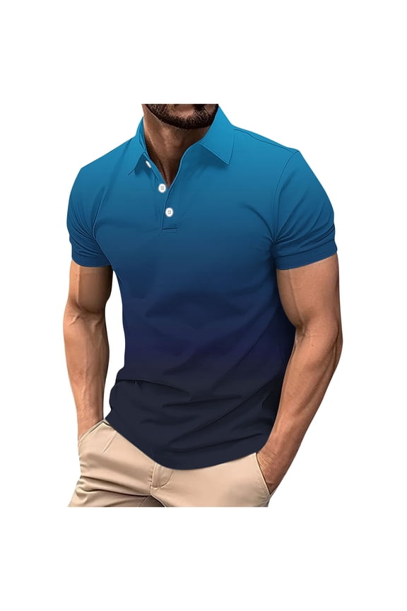 Mens Golf Shirts Short Sleeve Button Up Lapel Shirts Gradient Color Moisture Wicking Tops Plus Size Stretchy Collar Shirts Blue XL