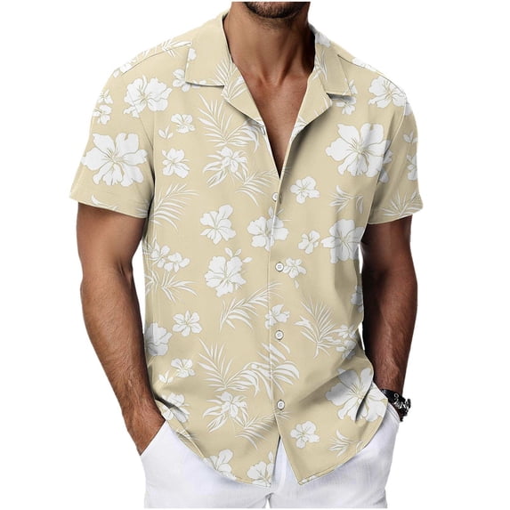 VEKDONE Mens Hawaiian Shirts Tropical Floral Print Short Sleeve Button Down Beach Shirt Summer Loose Fit Vacation Boho Shirts Beige M