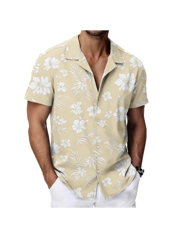 Mens Hawaiian Shirts Tropical Floral Print Short Sleeve Button Down Beach Shirt Summer Loose Fit Vacation Boho Shirts Beige XXL