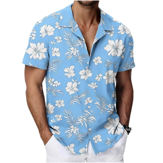VEKDONE Mens Hawaiian Shirts Tropical Floral Print Short Sleeve Button Down Beach Shirt Summer Loose Fit Vacation Boho Shirts Light Blue XXXL