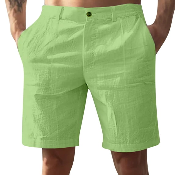 VEKDONE Mens Linen Shorts Elastic Waist Button Beach Shorts Summer Casual Lightweight Breathable Short Pants with Pockets Green XXXL