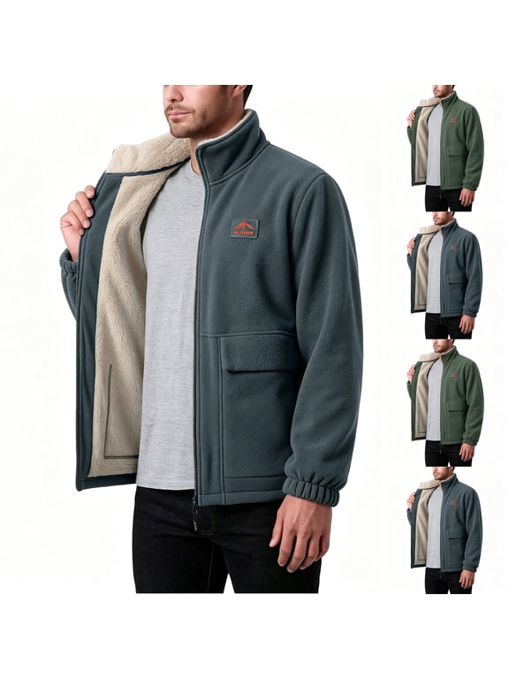 Mens Sherpa Lined Work Jacket Stand Collar Zip up Thermal Coat Polar Fleece Patch Pockets Jackets Fall Winter Fashion Outerwear for Cold Weather