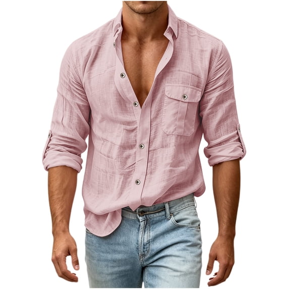 VEKDONE Mens Shirts Button Down Long Sleeve Work Business Shirts Solid Color Comfy Lightweight Lapel Gauze Tops with Pockets Pink S