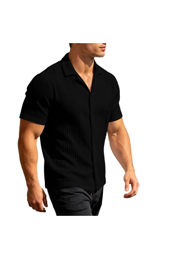 Mens Short Sleeve Button Down Shirt Casual Stretch Business Dress Shirts Solid Color Textured Wedding Prom Tops Black M