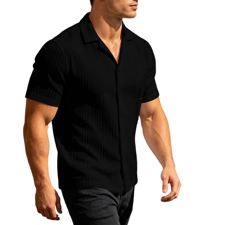 black dress shirt for wedding Vekdone Mens Short Sleeve Button Down Casual Stretch Business Shirts Solid Color Textured Prom Tops XXL, Men's, Size: 2XL Size:15.5 - M