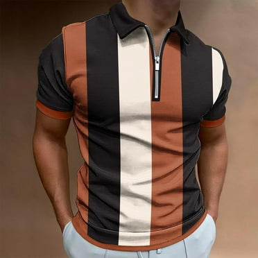 VEKDONE Mens Stripe Shirts Summer Short Sleeve Zipper Lapel Tops Trendy Color Block Loose Fit Blouse Dressy Business Work Shirts Slim Fit T-shirts Summer Savings