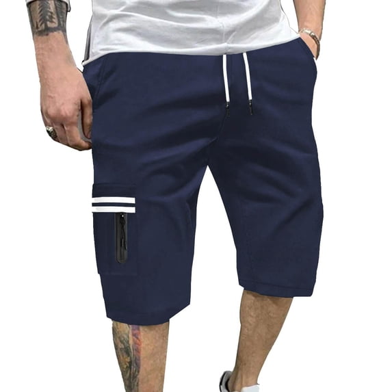 VEKDONE Mens Twill Cargo Shorts Elastic Waist Drawstring Work Shorts Summer Loose Fit Lightweight Straight Leg Shorts Multi Pockets Cargo Shorts Navy L