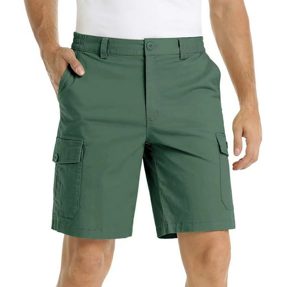 VEKDONE Mens Twill Cargo Shorts Elastic Waisted Button Zipper Shorts Big And Tall Loose Fit Straight Leg Shorts Solid Color Golf Knee Length Shorts with Pockets