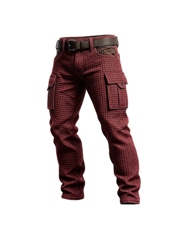 Mens Waffle Cargo Pants Casual Straight Leg Workwear Trousers Button Zipper Waist Multi Pockets Long Pants
