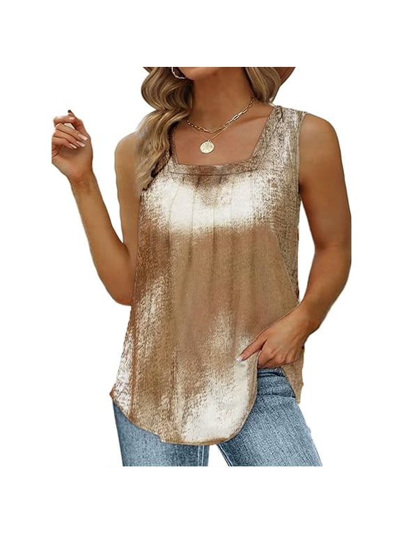 Metallic Tank Tops for Women Summer Pleated Square Neck Loose Fit Tanks Solid Color Sleeveless Plus Size Going Out Casual T-Shirts Gold XXXXL