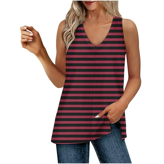VEKDONE New Stripe Tank Tops for Women Summer Sleeveless V-Neck Pullover Tanks Casual Loose Fit Lightweight Side Split Vests Black X-Large