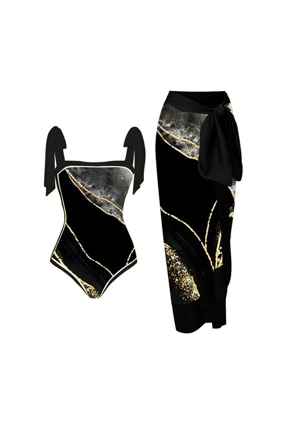 One-Piece Bathing Suit 2 Piece for Women 2026 Casual Print Strap Tunics Swimsuit Summer Plus Size Lace Up Swimwear and Long Beach Skirt Black XXL