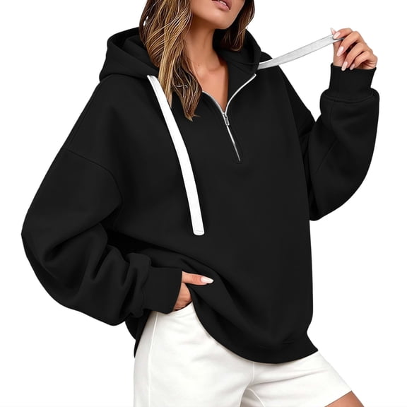 VEKDONE Oversized Hoodies for Women Drop Shoulder Drawstring Hooded Sweatshirt Half Zipper Loose Fit Comfy Pullover Sweatshirt Y2K Streetwear Clothes Black XL