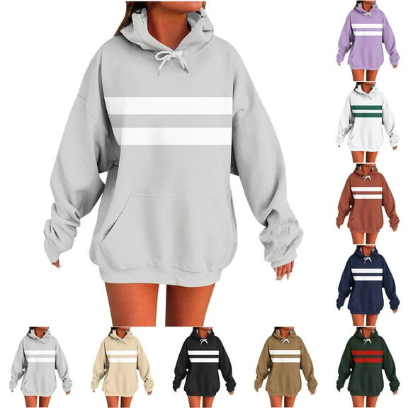 VEKDONE Oversized Hoodies for Women Stripe Print Long Sleeve Hooded Sweatshirts Loose Fit Drawstring Pullover Sweatshirt Y2k Tops with Kangaroo Pockets