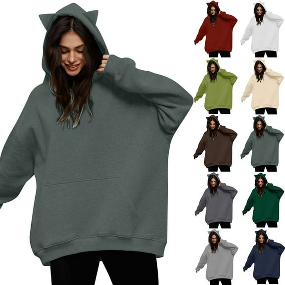 VEKDONE Oversized Hoodies for Women Cute Cat Ear Hooded Sweatshirt Fall Winter Long Sleeve Fleece Pullover with Kangaroo Pockets Fashion Preppy Clothes
