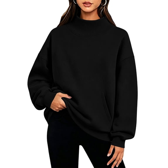 VEKDONE Oversized Sweatshirts for Women Fall Drop Shoulder Long Seeve Mock Neck Sweatshirt Solid Color Loose Fit Comfy Pullover Top with Pockets Black M