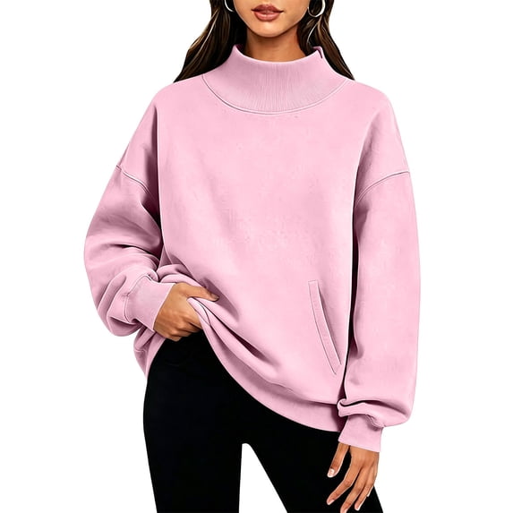 VEKDONE Oversized Sweatshirts for Women Fall Drop Shoulder Long Seeve Mock Neck Sweatshirt Solid Color Loose Fit Comfy Pullover Top with Pockets Pink L
