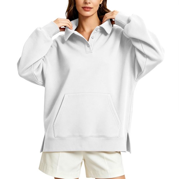 VEKDONE Oversized Sweatshirts for Women Lapel Collared Long Sleeve Pullovers | Fall Half Button Sweatshirt with Kangaroo Pocket, Side Split Casual Loose Pullover Tops, Fashion Daily Clothes White S