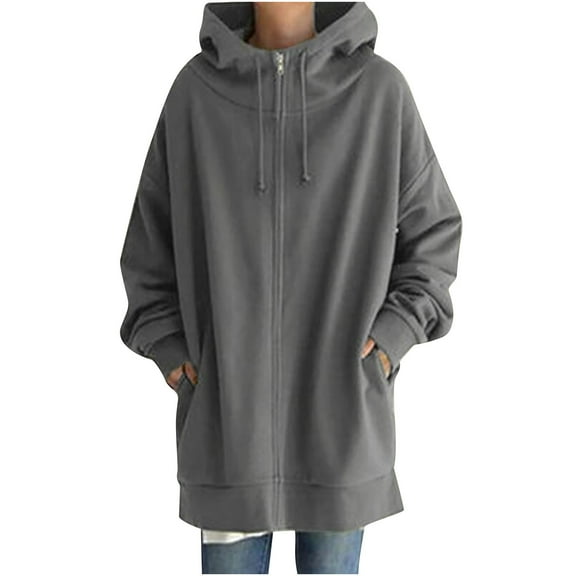 VEKDONE Oversized Zip Up Hoodie Jacket for Women Plus Size Drawstring Long Coats Solid Loose Fit Cowl Neck Hooded Jackets with Pockets