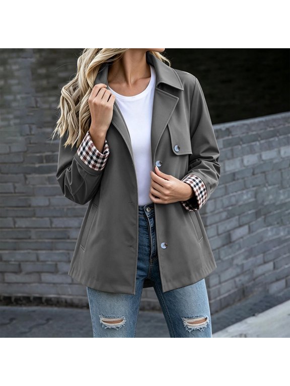 Pea Coat for Women Single Breasted Lapel Collar Overcoat Plaid Cuffs Loose Fit Jackets Fall Winter Fashion Casual Daily Streetwear