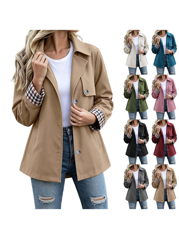 Pea Coat for Women Single Breasted Lapel Collar Overcoat Plaid Cuffs Loose Fit Jackets Fall Winter Fashion Casual Daily Streetwear