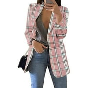 VEKDONE Plaid Blazer Jackets for Women 2025 Clearance Sale Casual Long Sleeve Open Front Coat Business Office Work Lapel Blazers Jacket Pink L
