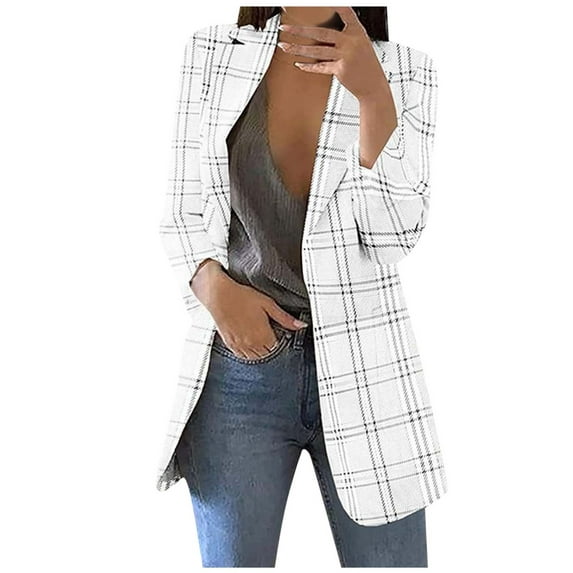 VEKDONE Plaid Blazer Jackets for Women 2025 Clearance Sale Casual Long Sleeve Open Front Coat Business Office Work Lapel Blazers Jacket White XXXL