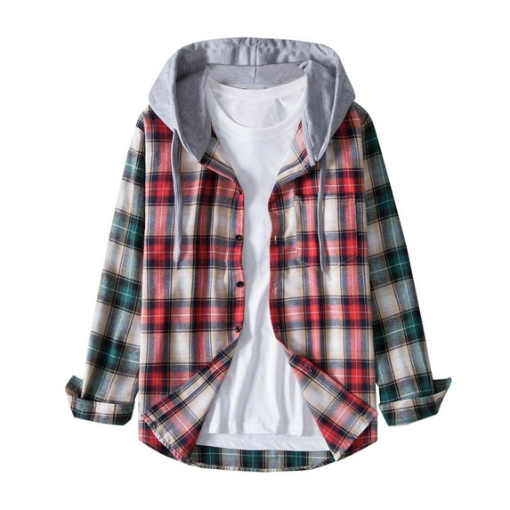 VEKDONE Plaid Hoodie Shirts for Men 2025 Clearance Sale Casual Long Sleeve Button Blouse Trendy Patchwork Drawstring Hooded Coat Red XXXL