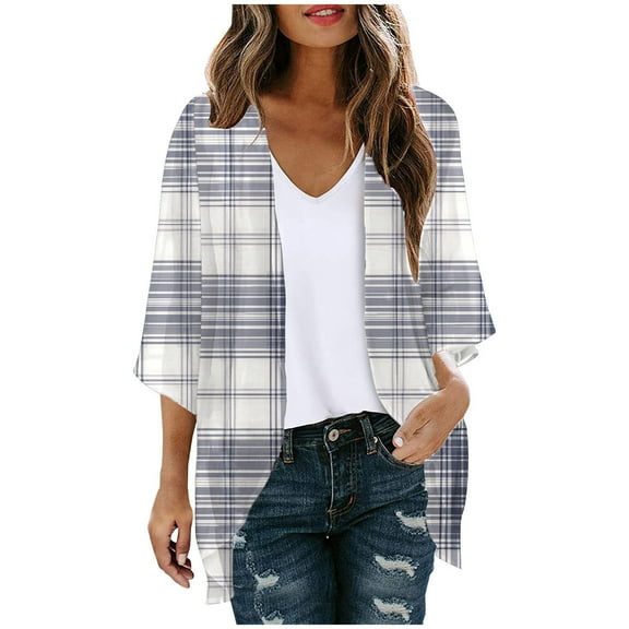 VEKDONE Plaid Print Hawaiian Cardigan for Women 3/4 Sleeve Loose Lightweight Beach Cover Ups Chiffon Kimono Cardigans Tops Capes Blouse