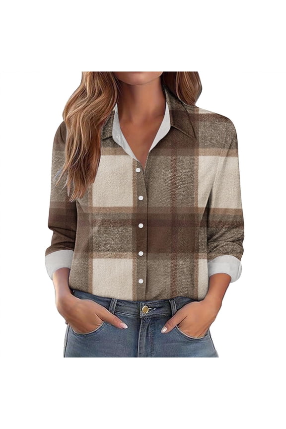 Plaid Shirts for Women Fashion Lapel Button Down Blouses Long Sleeve Loose Fit Lounge Tunic Tops Dressy Working Business Travel Shirt