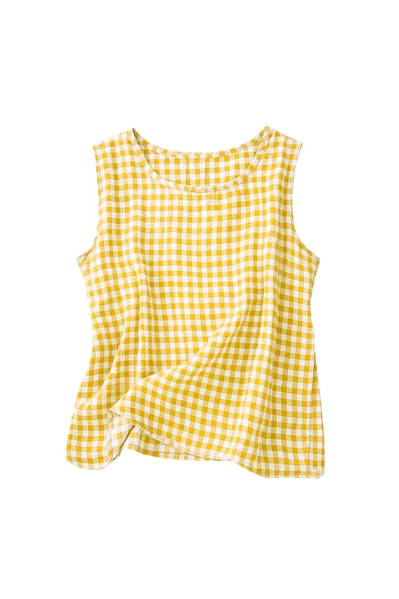 Plaid Tank Tops for Women Summer Cotton Sleeveless Crewneck Tanks Summer Lightweight Breathable Going Out Vest Casual Loose Fit Vests Yellow XXL