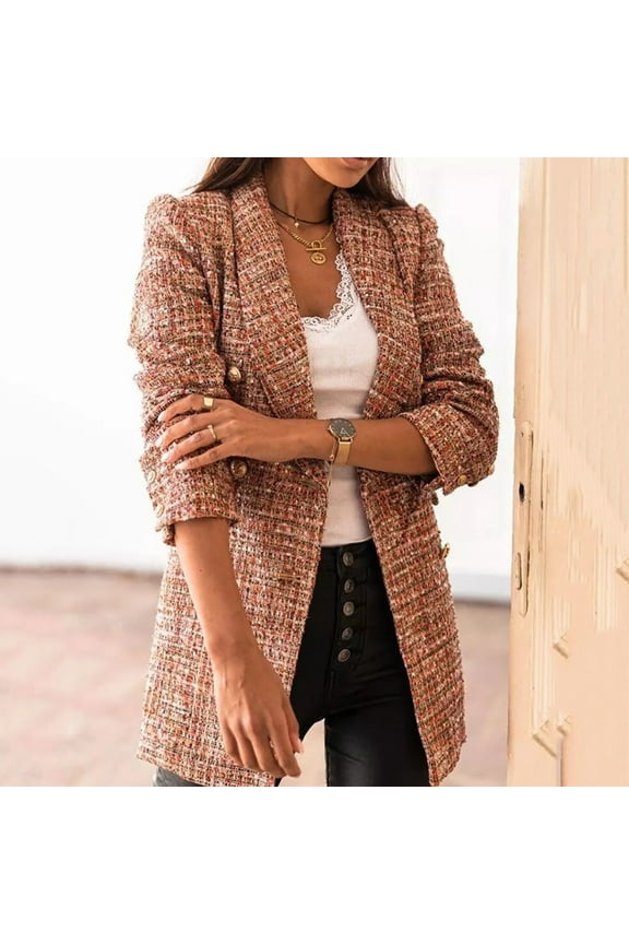 Plaid Tweed Blazer Jacket for Women Casual Long Sleeve Double Breasted Lapel Office Fall Winter Coat with Pockets 2026 S,M,L,XL,XXL,XXXL