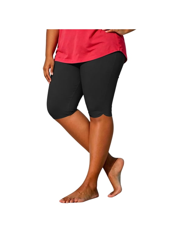 Plus Size Capri Leggings for Women Tummy Control Knee Length Capri Legging Summer Solid Cropped Pants Casual Stretch Soft Comfy Capris Black XXL