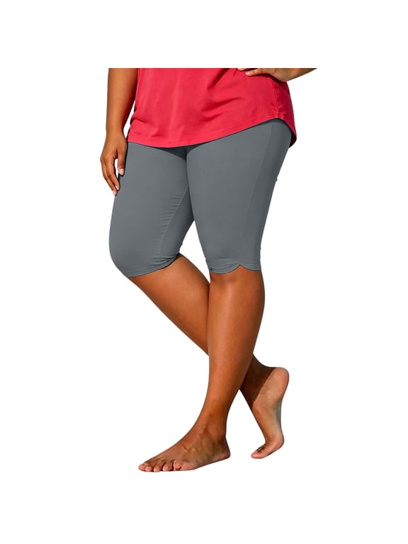 Plus Size Capri Leggings for Women Tummy Control Knee Length Capri Legging Summer Solid Cropped Pants Casual Stretch Soft Comfy Capris Gray XXXL