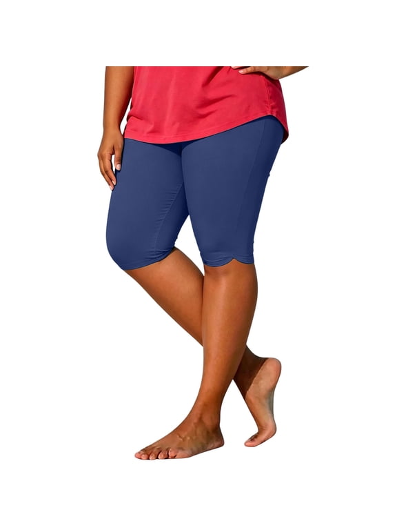 Plus Size Capri Leggings for Women Tummy Control Knee Length Capri Legging Summer Solid Cropped Pants Casual Stretch Soft Comfy Capris Navy XXL