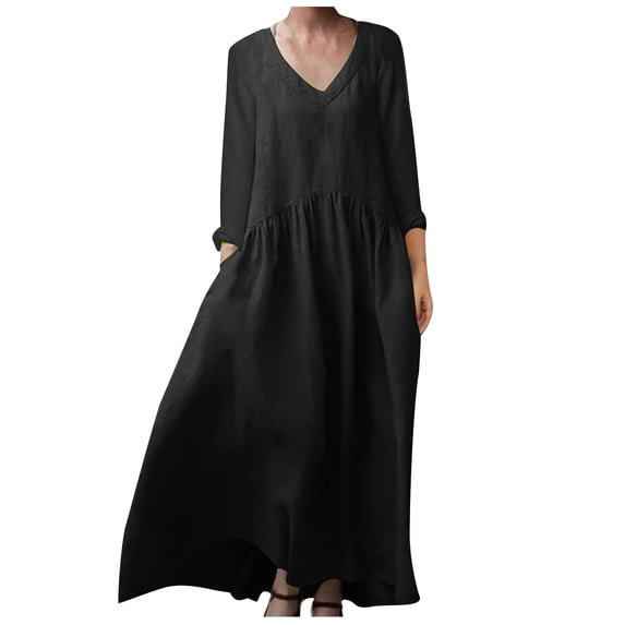 VEKDONE Plus Size Cotton Linen Maxi Dress for Women Long Sleeve Loose Fit Dresses with Pockets V-Neck Layered Pleated Beach Dress Swing Long Dresses