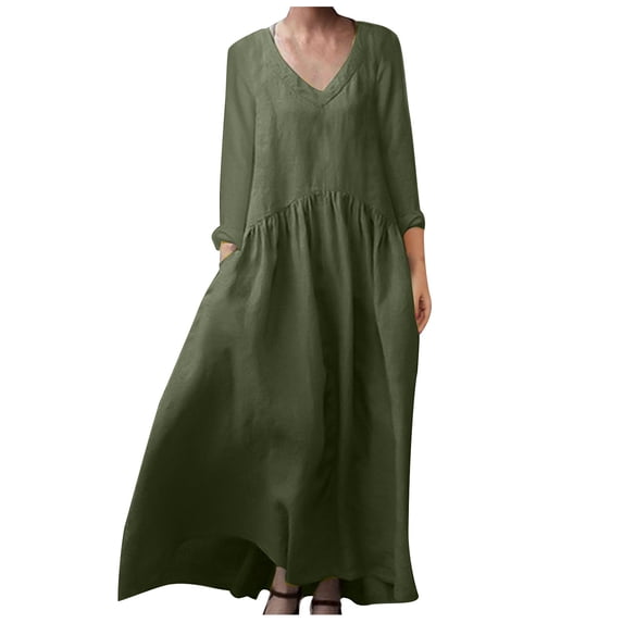 VEKDONE Plus Size Cotton Linen Maxi Dress for Women Long Sleeve Loose Fit Dresses with Pockets V-Neck Layered Pleated Beach Dress Swing Long Dresses