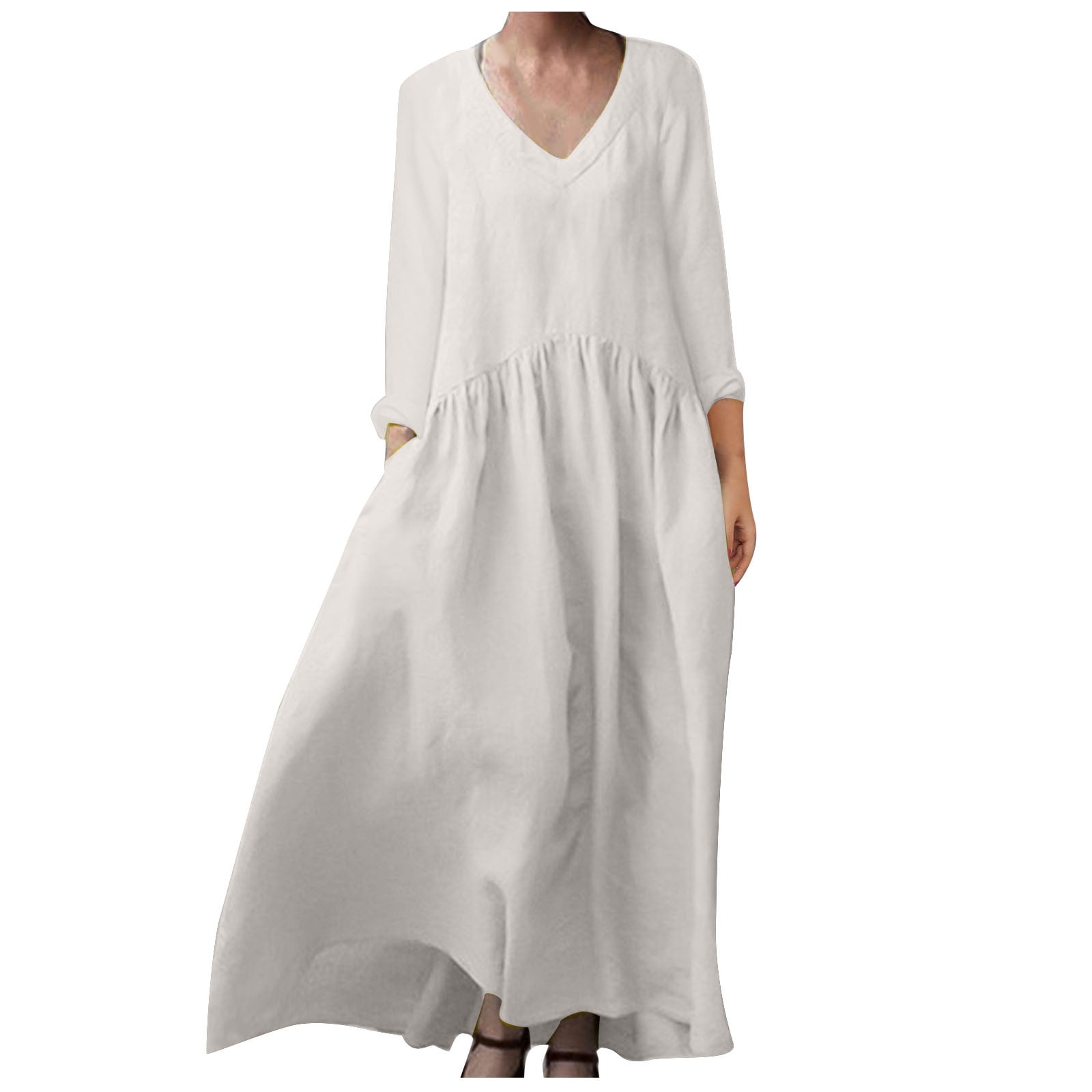 VEKDONE Plus Size Cotton Linen Maxi Dress for Women Long Sleeve Loose ...