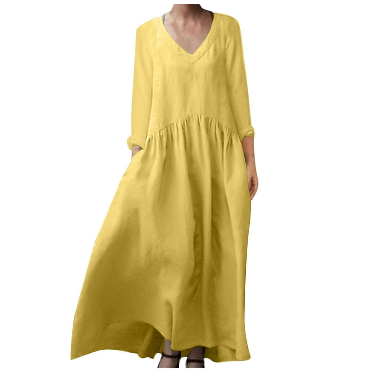 Vekdone Plus Size Cotton Linen Maxi Dress for Women Long Sleeve Loose Fit Dresses with Pockets V-Neck Layered Pleated Beach Dress Swing Long Dresses