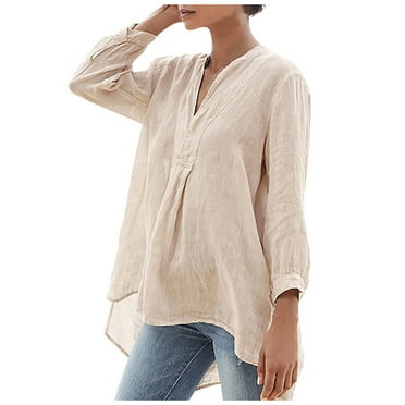 VEKDONE Plus Size Cotton Linen Shirts for Women 2025 Clearance Summer Long Sleeve V-Neck Thin Blouse Trendy Solid Color Loose Fit High and Low Hem Pullover Beige M