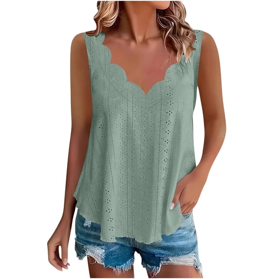 VEKDONE Plus Size Eyelet Tank Tops for Women Summer Sleeveless Scalloped V Neck Tanks Solid Color Loose Fit Hollow Out Vest Lightweight Breathable Beach Tank Tops Green XXXL