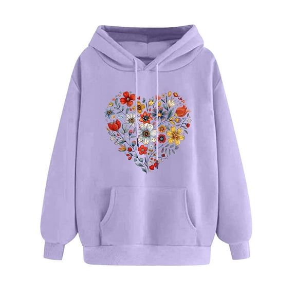 VEKDONE Plus Size Hoodies for Women Long Sleeve Heart Graphic Sweatshirt with Pockets Fall Loose Fit Drawstring Hooded Sweatshirts