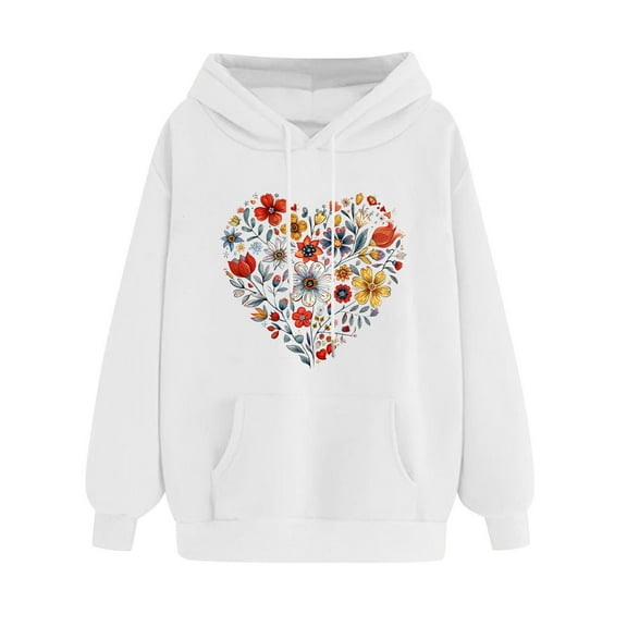 VEKDONE Plus Size Hoodies for Women Long Sleeve Heart Graphic Sweatshirt with Pockets Fall Loose Fit Drawstring Hooded Sweatshirts