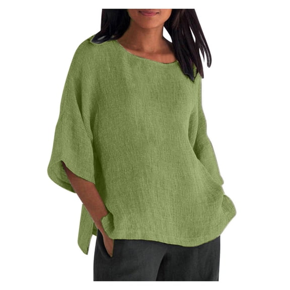 VEKDONE Plus Size Linen Gauze Tops for Women Summer 3/4 Sleeve Crewneck T Shirts Solid Color Loose Fit Peasant Blouse Casual Side Slit Pullover Top 2025